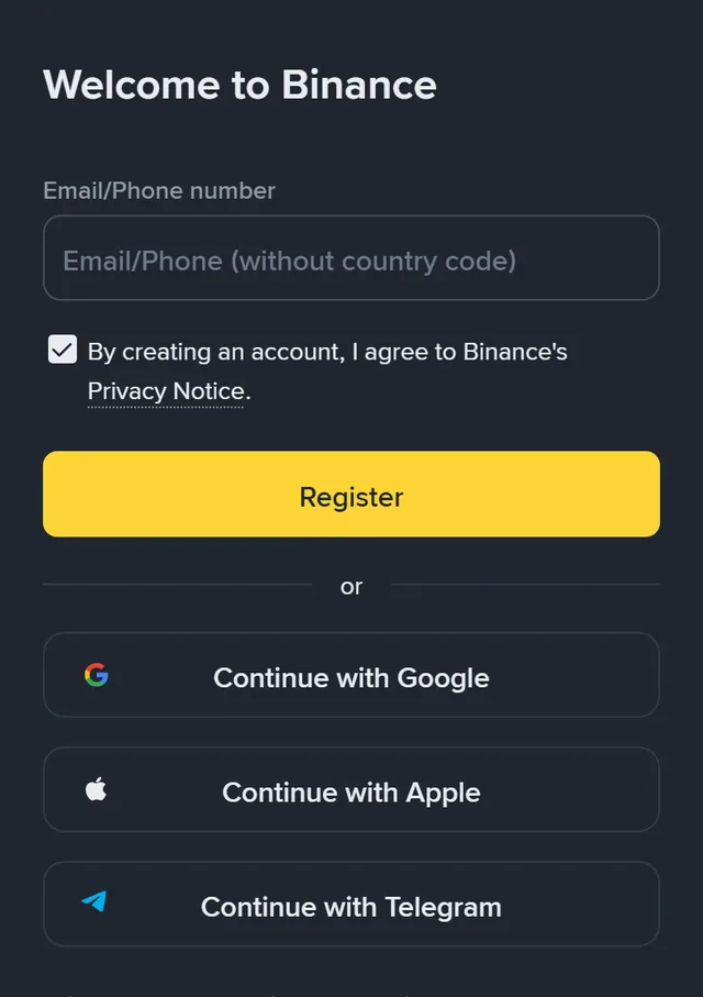 Binance sign-up page: the heading “Welcome to Binance”, one “Email/Phone (without country code)” field, a ticked “By creating an account, I agree to Binance's Privacy Notice” box, a yellow “Register” button, then “Continue with Google”, “Continue with Apple” and “Continue with Telegram” buttons