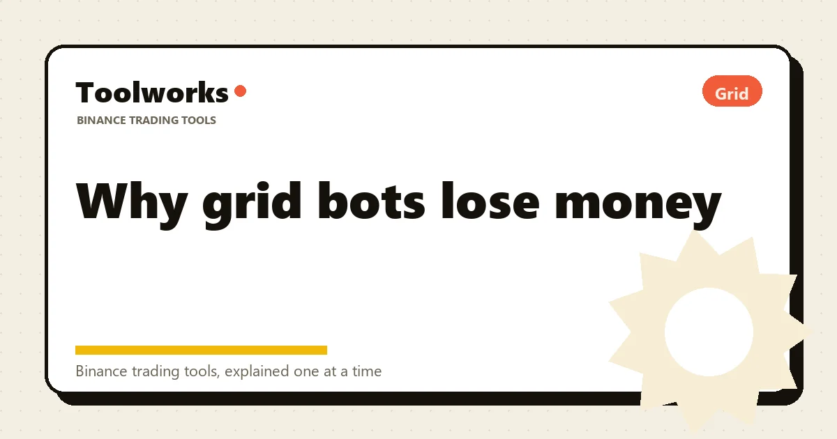 Hand-drawn sketch: price breaks straight through the bottom of a grid range while the bot sits on a pile of coins it bought too high